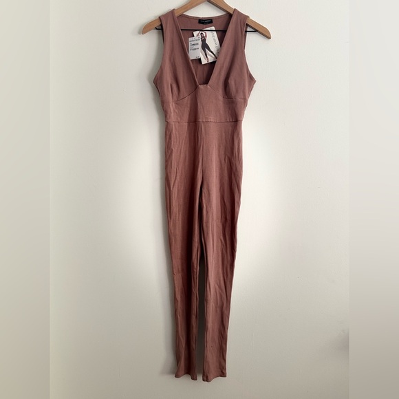 NWT Naked Wardrobe All Snatched Bustier Ribbed Tan Nude Jumpsuit Size Large - Picture 3 of 6